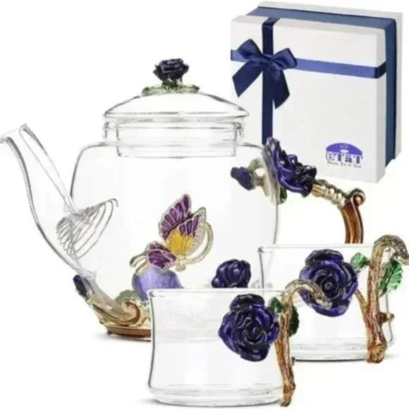 3 Piece Gold Blue Premium Pretty Small Glass Tea Set